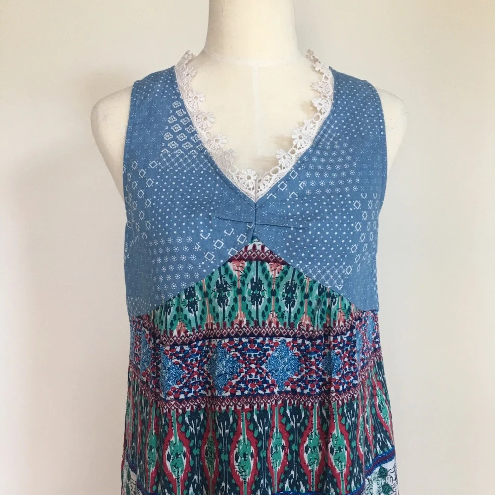 Blue Printed Sleeveless Drop Hem Mini Dress - Picture 4 of 8